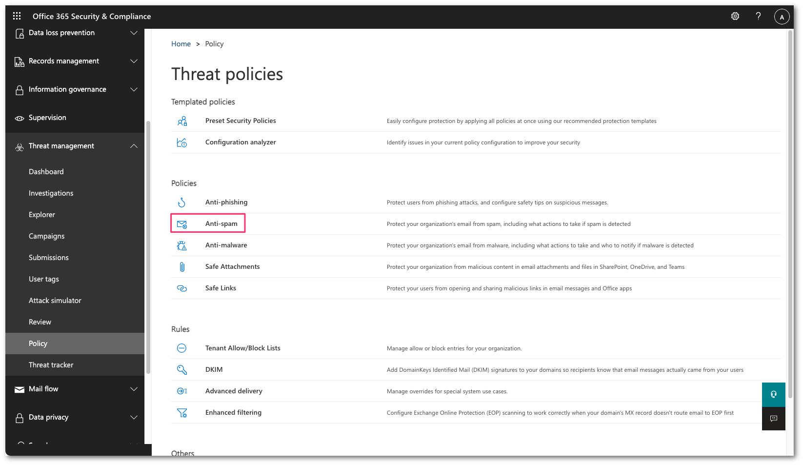 Select the anti-spam option